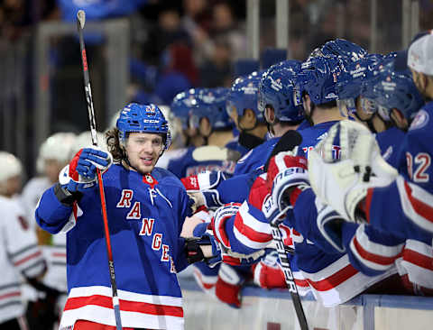 NEW YORK, NEW YORK – DECEMBER 04: Artemi Panarin #10 of the New York Rangers celebrates his goal in the third period against the Chicago Blackhawksat Madison Square Garden on December 04, 2021 in New York City. The New York Rangers defeated the Chicago Blackhawks 3-2. (Photo by Elsa/Getty Images)