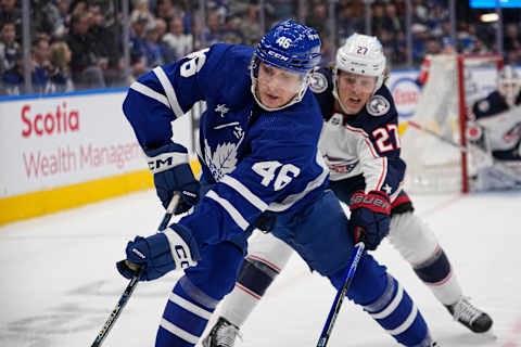 Feb 11, 2023; Toronto, Ontario, CAN; Toronto Maple Leafs forward Alex Steeves (46)  . Mandatory Credit: John E. Sokolowski-USA TODAY Sports