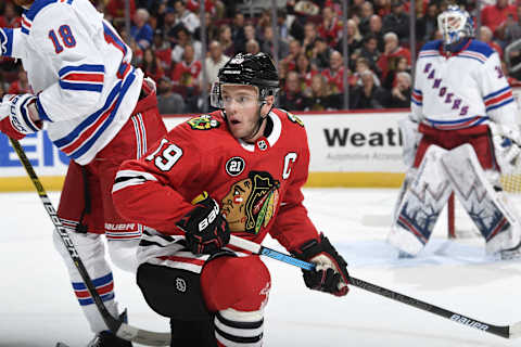 CHICAGO, IL – OCTOBER 25: Jonathan Toews #19 of the Chicago Blackhawks watches for the puck in the first period against the New York Rangers at the United Center on October 25, 2018 in Chicago, Illinois. The Chicago Blackhawks defeated the New York Rangers 4-1. (Photo by Bill Smith/NHLI via Getty Images)