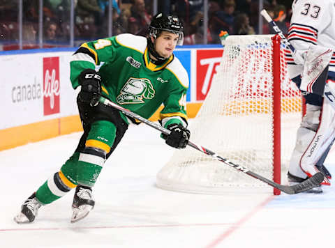 Jonathan Gruden #44 of the London Knights. (Photo by Chris Tanouye/Getty Images)