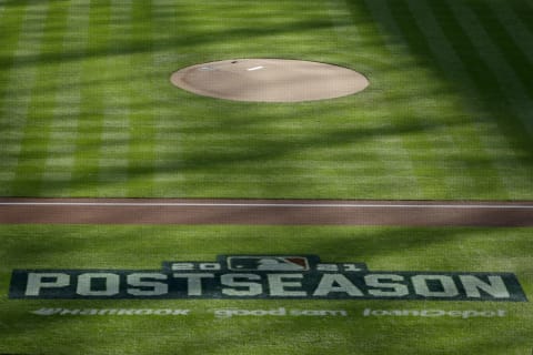 MILWAUKEE, WISCONSIN – OCTOBER 09: MLB post season logo on the field prior to game 2 of the National League Division Series between the Atlanta Braves and Milwaukee Brewers at American Family Field on October 09, 2021 in Milwaukee, Wisconsin. (Photo by John Fisher/Getty Images)