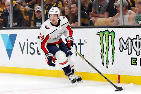 BOSTON, MA – SEPTEMBER 16: Washington Capitals forward Brian Pinho (64) looks for help during a preseason game on September 16, 2018, between the Boston Bruins and the Washington Capitals at TD Garden in Boston, Massachusetts. The Bruins defeated the Capitals 2-1 (SO). (Photo by Fred Kfoury III/Icon Sportswire via Getty Images)