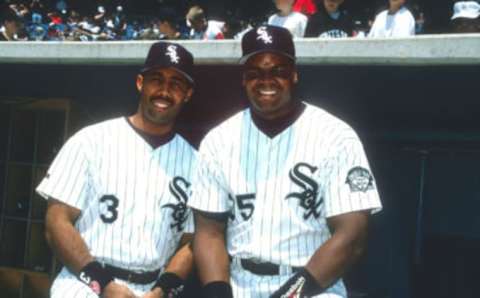 Frank Thomas (right) with Chicago White Sox teammate Harold Baines. (Photo by Ron Vesely/MLB Photos via Getty Images)