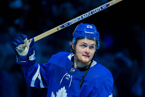 TORONTO, ON – APRIL 23: William Nylander #29 of the Toronto Maple Leafs salutes the crowd after getting the game’s first star against the Boston Bruins in Game Six of the Eastern Conference First Round during the 2018 NHL Stanley Cup Playoffs at the Air Canada Centre on April 23, 2018 in Toronto, Ontario, Canada. (Photo by Kevin Sousa/NHLI via Getty Images)