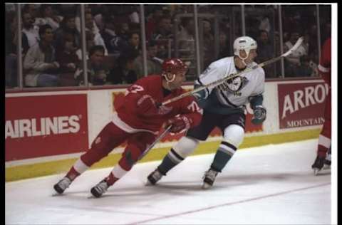 5 Apr 1996: Center Sergei Fedorov of the Detroit Red Wings and center Anatoli Semenov of the Anaheim Mighty Ducks move down the ice during a game at Arrowhead Pond in Anaheim, California. Mandatory Credit: Todd Warshaw /Allspor