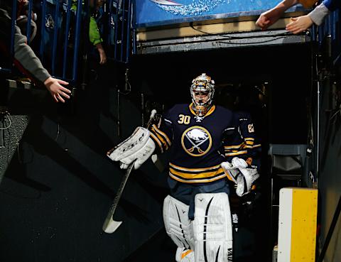 BUFFALO, NY – DECEMBER 17: Ryan Miller #30 of the Buffalo Sabres takes to the ice to warm up to play the Winnipeg Jets at First Niagara Center on December 17, 2013 in Buffalo, New York. (Photo by Jen Fuller/Getty Images)