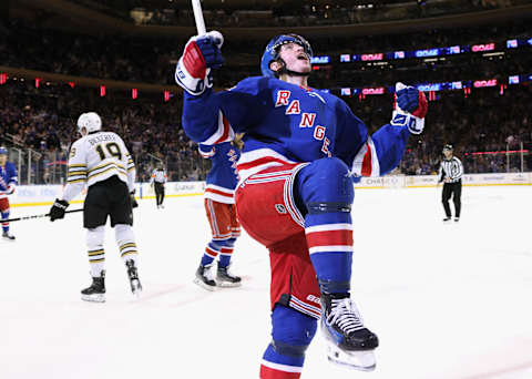 NEW YORK, NEW YORK – NOVEMBER 25: Jimmy Vesey #26 of the New York Rangers celebrates his second period goal against the Boston Bruins at Madison Square Garden on November 25, 2023 in New York City. (Photo by Bruce Bennett/Getty Images)