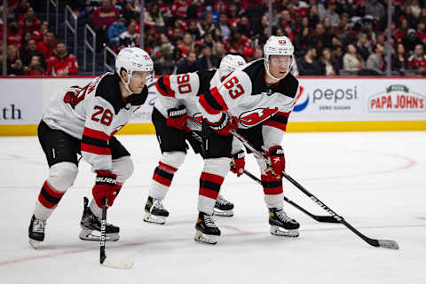 Damon Severson #28 and Jesper Bratt #63 of the New Jersey Devils. (Photo by Scott Taetsch/Getty Images)