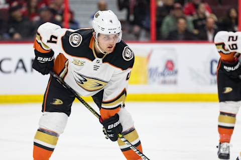 OTTAWA, ON – FEBRUARY 07: Anaheim Ducks Defenceman Cam Fowler (4) prepares for a face-off during second period National Hockey League action between the Anaheim Ducks and Ottawa Senators on February 7, 2019, at Canadian Tire Centre in Ottawa, ON, Canada. (Photo by Richard A. Whittaker/Icon Sportswire via Getty Images)