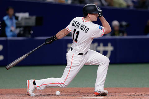 NAGOYA, JAPAN – NOVEMBER 15: Deesignated hitter J.T. Realmuto #11 of the Miami Marlins strikes out in the bottom of 7th inning during the game six between Japan and MLB All Stars at Nagoya Dome on November 15, 2018 in Nagoya, Aichi, Japan. (Photo by Kiyoshi Ota/Getty Images)