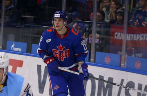 SAINT PETERSBURG, RUSSIA – 2023/09/17: SKA Hockey Club player, Alexander Nikishin (21) seen in action during the Kontinental Hockey League, regular season KHL 2023 – 2024 between SKA Saint Petersburg and Sibir Novosibirsk at the Ice Sports Palace.(Final score; SKA Saint Petersburg 1:2 Sibir Novosibirsk). (Photo by Maksim Konstantinov/SOPA Images/LightRocket via Getty Images)