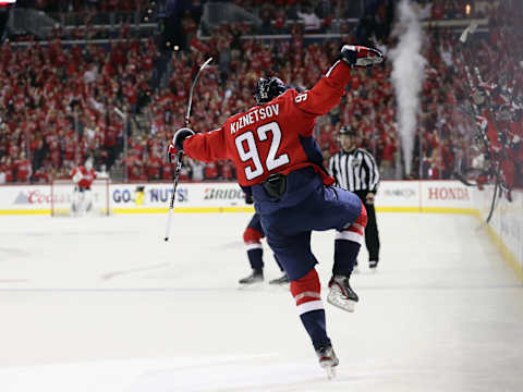 WASHINGTON, DC – APRIL 24: Evgeny Kuznetsov #92 of the Washington Capitals celebrates his goal at 13:22 of the second period against the Carolina Hurricanes in Game Seven of the Eastern Conference First Round during the 2019 NHL Stanley Cup Playoffs at the Capital One Arena on April 24, 2019 in Washington, DC. (Photo by Patrick Smith/Getty Images)