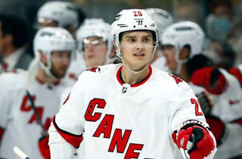 LOS ANGELES, CALIFORNIA – NOVEMBER 20: Sebastian Aho #20 of the Carolina Hurricanes celebrates a goal against the Los Angeles Kings in the second period at Staples Center on November 20, 2021, in Los Angeles, California. (Photo by Ronald Martinez/Getty Images)