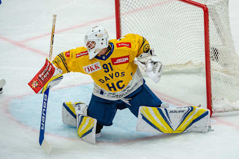 Goalie Gilles Senn #91 of HC Davos. (Photo by RvS.Media/Robert Hradil/Getty Images)