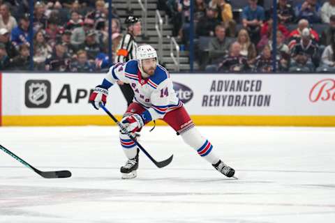 COLUMBUS, OHIO – APRIL 08: Tyler Motte #14 of the New York Rangers skates down the ice during the first period against the New York Rangers at Nationwide Arena on April 08, 2023, in Columbus, Ohio. (Photo by Jason Mowry/Getty Images)