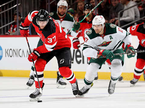 Pavel Zacha #37 of the New Jersey Devils. (Photo by Elsa/Getty Images)