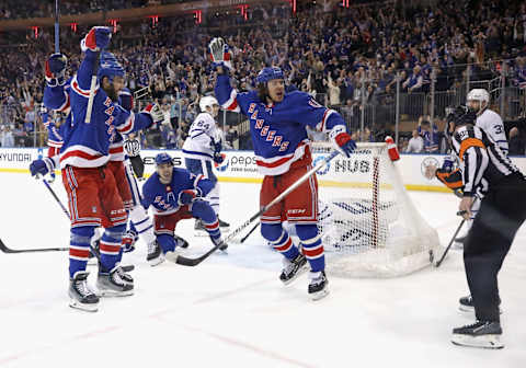 NEW YORK, NEW YORK – APRIL 13: Artemi Panarin #10 of the New York Rangers celebrates a goal that was later called off against the Toronto Maple Leafs at Madison Square Garden on April 13, 2023, in New York City. (Photo by Bruce Bennett/Getty Images)