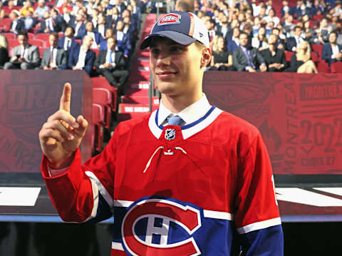 MONTREAL, QUEBEC – JULY 07: Juraj Slafkovsky is selected number one overall by the Montreal Canadiens at the 2022 NHL Draft at the Bell Centre on July 07, 2022 in Montreal, Quebec, Canada. (Photo by Bruce Bennett/Getty Images)