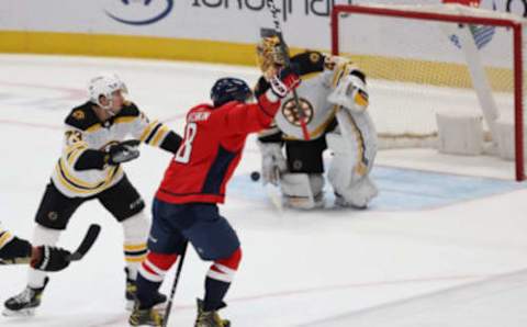 Jan 30, 2021; Washington, District of Columbia, USA; Washington Capitals left wing Alex Ovechkin (8) celebrates after scoring the game winning goal in overtime on Boston Bruins goaltender Tuukka Rask (40) at Capital One Arena. Mandatory Credit: Geoff Burke-USA TODAY Sports