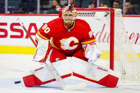 Sep 29, 2021; Calgary, Alberta, CAN; Calgary Flames goaltender Dan Vladar (80) guards his net against the Seattle Kraken during the second period at Scotiabank Saddledome. Mandatory Credit: Sergei Belski-USA TODAY Sports