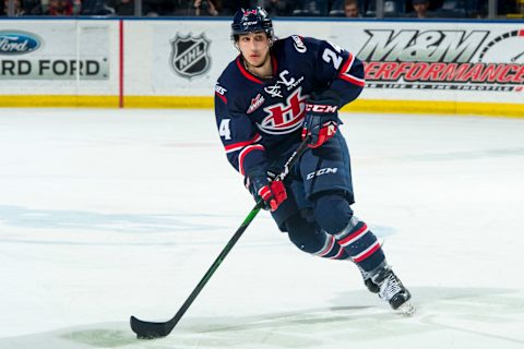 Dylan Cozens #24 of the Lethbridge Hurricanes. (Photo by Marissa Baecker/Getty Images )