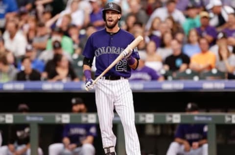 Aug 2, 2016; Denver, CO, USA; Colorado Rockies left fielder David Dahl (26) steps in to bat in the first inning against the Los Angeles Dodgers at Coors Field. Mandatory Credit: Isaiah J. Downing-USA TODAY Sports