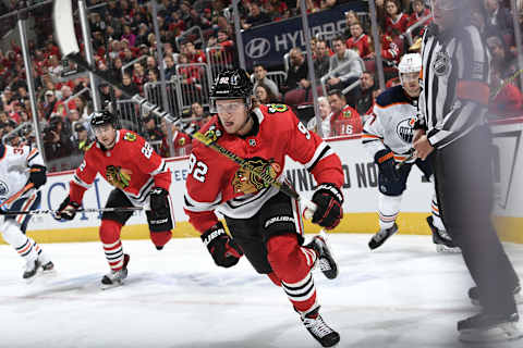 CHICAGO, IL – OCTOBER 14: Alexander Nylander #92 of the Chicago Blackhawks skates in the third period against the Edmonton Oilers at the United Center on October 14, 2019 in Chicago, Illinois. (Photo by Bill Smith/NHLI via Getty Images)