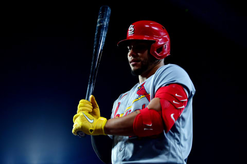 Apr 28, 2023; Los Angeles, California, USA; St. Louis Cardinals catcher Willson Contreras (40) before hitting against the Los Angeles Dodgers during the fifth inning at Dodger Stadium. Mandatory Credit: Gary A. Vasquez-USA TODAY Sports