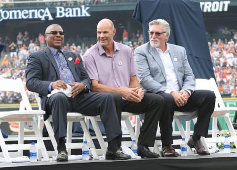 Kirk Gibson, center, with former teammates Lou Whitaker and Jack Morris. (Photo by Mark Cunningham/MLB Photos via Getty Images)