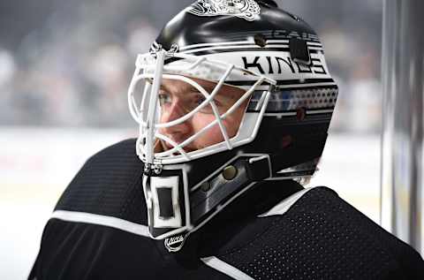 LOS ANGELES, CA – SEPTEMBER 20: Goaltender Cal Petersen #40 of the Los Angeles Kings watches warm-up before the game against the Vegas Golden Knights at STAPLES Center on September 20, 2018 in Los Angeles, California. (Photo by Adam Pantozzi/NHLI via Getty Images)