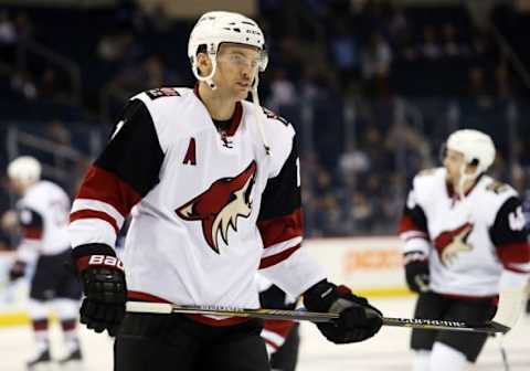 Nov 21, 2015; Winnipeg, Manitoba, CAN; Arizona Coyotes center Martin Hanzal (11) prior to the game against the Winnipeg Jets at MTS Centre. Mandatory Credit: Bruce Fedyck-USA TODAY Sports