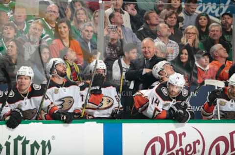 DALLAS, TX – OCTOBER 13: Randy Carlyle of the Anaheim Ducks watches the action from the bench against the Dallas Stars at the American Airlines Center on October 13, 2018, in Dallas, Texas. (Photo by Glenn James/NHLI via Getty Images)