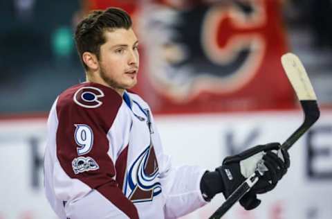 Jan 4, 2017; Calgary, Alberta, CAN; Colorado Avalanche center Matt Duchene (9) skates during the warmup period against the Calgary Flames at Scotiabank Saddledome. Mandatory Credit: Sergei Belski-USA TODAY Sports