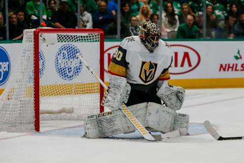 DALLAS, TX – NOVEMBER 25: Vegas Golden Knights goaltender Malcolm Subban (30) tries to block a shot during the game between the Dallas Stars and the Vegas Golden Knights on November 25, 2019 at American Airlines Center in Dallas, Texas. (Photo by Matthew Pearce/Icon Sportswire via Getty Images)