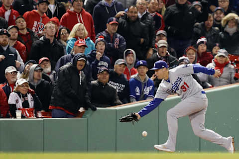 BOSTON, MA – OCTOBER 23: Joc Pedderson #31 of the Los Angeles Dodgers fails to catch a hit by Andrew Beninntendi (not pictured) of the Boston Red Sox during the seventh inning in Game One of the 2018 World Series at Fenway Park on October 23, 2018 in Boston, Massachusetts. (Photo by Maddie Meyer/Getty Images)