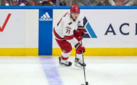 Apr 28, 2023; Elmont, New York, USA; Carolina Hurricanes right wing Jesper Fast (71) in game six of the first round of the 2023 Stanley Cup Playoffs at UBS Arena. Mandatory Credit: Wendell Cruz-USA TODAY Sports