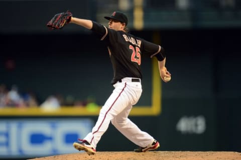 Apr 11, 2015; Phoenix, AZ, USA; Arizona Diamondbacks starting pitcher Archie Bradley (25) pitches against the Los Angeles Dodgers at Chase Field. The Diamondbacks won 6-0. Mandatory Credit: Joe Camporeale-USA TODAY Sports