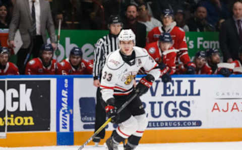 OSHAWA, ON – FEBRUARY 17: Brady Lyle #33 of the Owen Sound Attack skates with the puck during an OHL game against the Oshawa Generals at the Tribute Communities Centre on February 17, 2020 in Oshawa, Ontario, Canada. (Photo by Chris Tanouye/Getty Images)