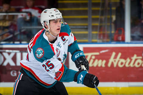 Cal Foote #25 of the Kelowna Rockets. (Photo by Marissa Baecker/Getty Images)