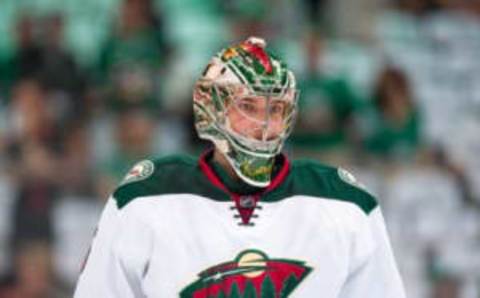 Apr 22, 2016; Dallas, TX, USA; Minnesota Wild goalie Darcy Kuemper (35) prepares to face the Dallas Stars in game five of the first round of the 2016 Stanley Cup Playoffs at the American Airlines Center. The Wild defeat the Stars 5-4. Mandatory Credit: Jerome Miron-USA TODAY Sports