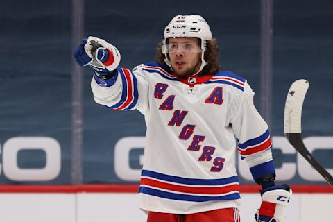 WASHINGTON, DC – MARCH 19: Artemi Panarin #10 of the New York Rangers celebrates his goal against the Washington Capitals during the first period at Capital One Arena on March 19, 2021 in Washington, DC. (Photo by Patrick Smith/Getty Images)