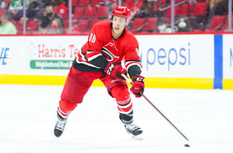 Apr 29, 2021; Raleigh, North Carolina, USA; Carolina Hurricanes left wing Teuvo Teravainen (86) skates with the puck against the Detroit Red Wings at PNC Arena. Mandatory Credit: James Guillory-USA TODAY Sports