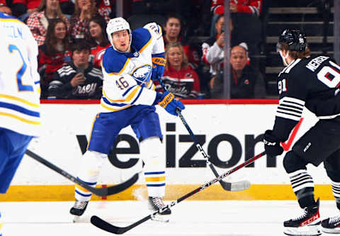 Ilya Lyubushkin #46 of the Buffalo Sabres. (Photo by Bruce Bennett/Getty Images)