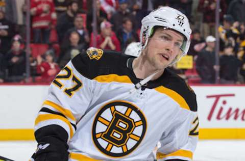 DETROIT, MI – FEBRUARY 06: Austin Czarnik #27 of the Boston Bruins skates in warm-ups prior to an NHL game against the Detroit Red Wings at Little Caesars Arena on February 6, 2018 in Detroit, Michigan. The Bruins defeated the Wings 3-2. (Photo by Dave Reginek/NHLI via Getty Images)