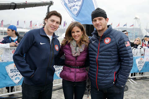 TODAY — Pictured: (l-r) T.J. Oshie, Natalie Morales, Jonathan Quick from the 2014 Olympics in Socci — (Photo by: Joe Scarnici/NBC/NBC NewsWire via Getty Images)