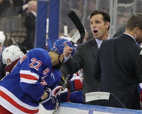 David Quinn, head coach of the New York Rangers handles bench duties during the game against the Colorado Avalanche at Madison Square Garden (Photo by Bruce Bennett/Getty Images)