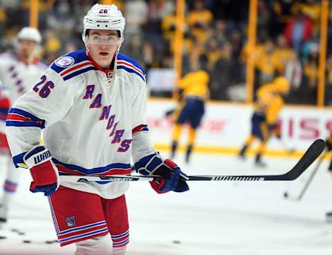 Dec 17, 2016; Nashville, TN, USA; New York Rangers left wing Jimmy Vesey (26) prior to the game against the Nashville Predators at Bridgestone Arena. Mandatory Credit: Christopher Hanewinckel-USA TODAY Sports