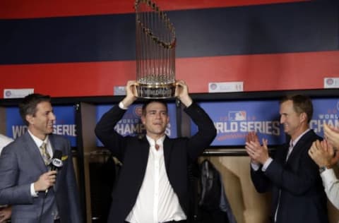 Nov 2, 2016; Cleveland, OH, USA; Chicago Cubs president Theo Epstein holds the commissioner