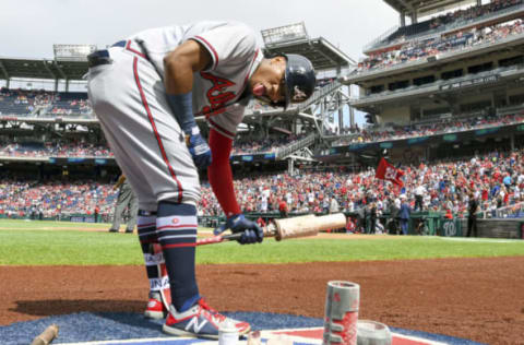 WASHINGTON, DC – JULY 22: Atlanta Braves left fielder Ronald Acuna Jr. (13) comes out to the on deck circle in the first inning during the game between the Atlanta Braves and the Washington Nationals on July 22, 2018, at Nationals Park, in Washington D.C. (Photo by Mark Goldman/Icon Sportswire via Getty Images)