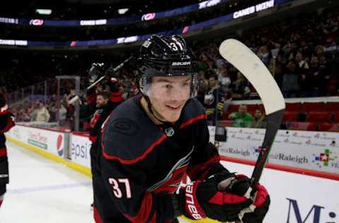 RALEIGH, NC – MARCH 16: Andrei Svechnikov #37 of the Carolina Hurricanes celebrates after defeating the Buffalo Sabres during an NHL game on March 16, 2019 at PNC Arena in Raleigh, North Carolina. (Photo by Gregg Forwerck/NHLI via Getty Images)